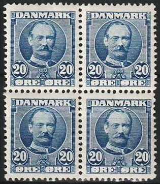 FRIMÆRKER DANMARK | 1907 - AFA 56a - Frederik VIII - 20 øre ultramarin i 4-blok - Postfrisk